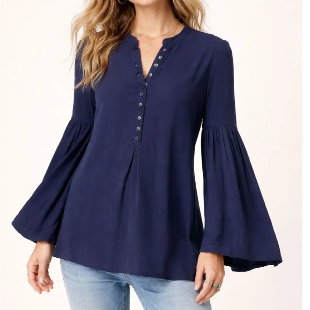 Free People Easy Girl Bell Sleeve Top Navy